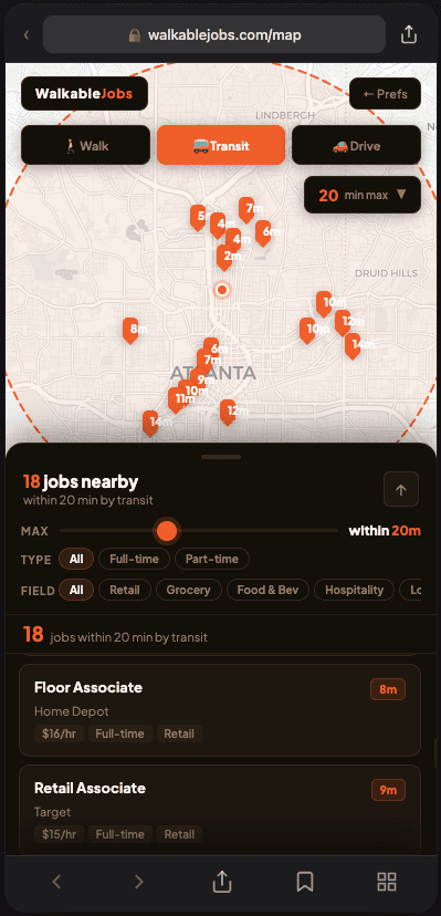 WalkableJobs mobile app — map view with job pins and commute filters
