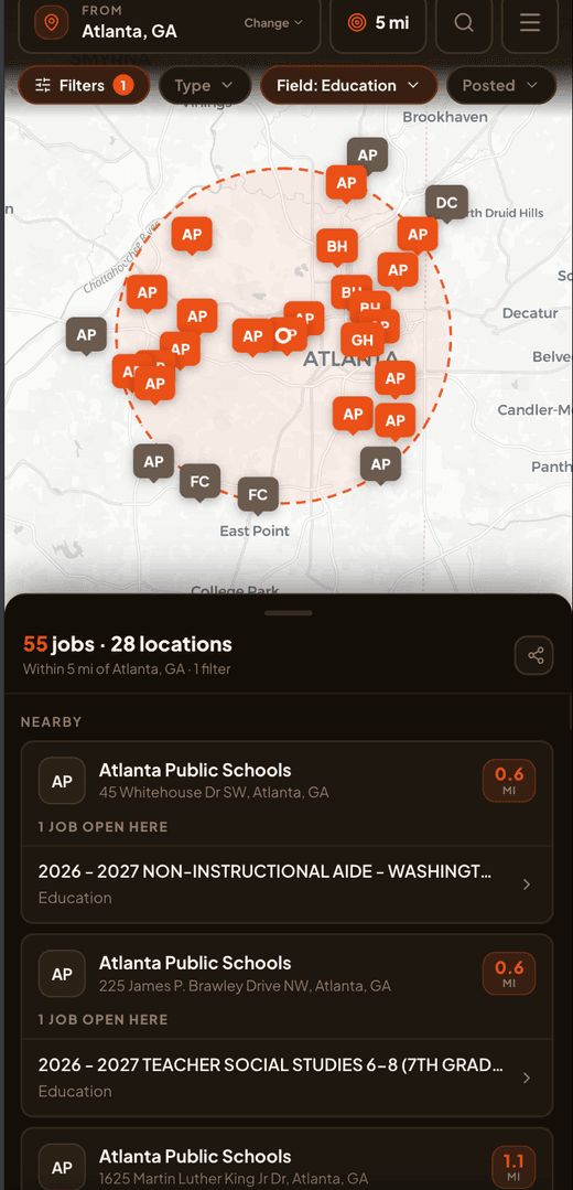 WalkableJobs on a phone: job pins around Atlanta, with the nearby list open below the map